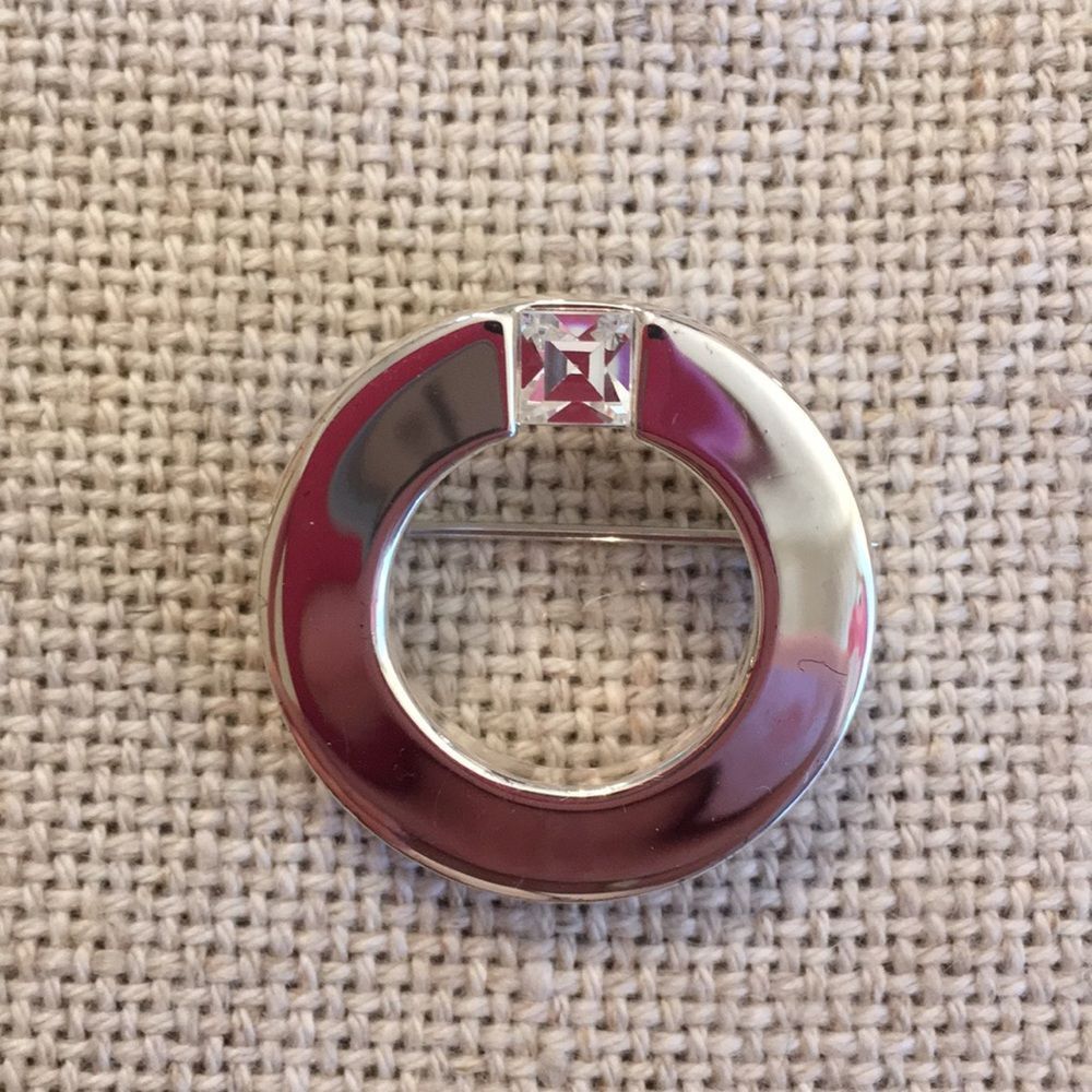 Silver Circle Pin Square Cut Glass Rhinestone - Picture 3 of 11